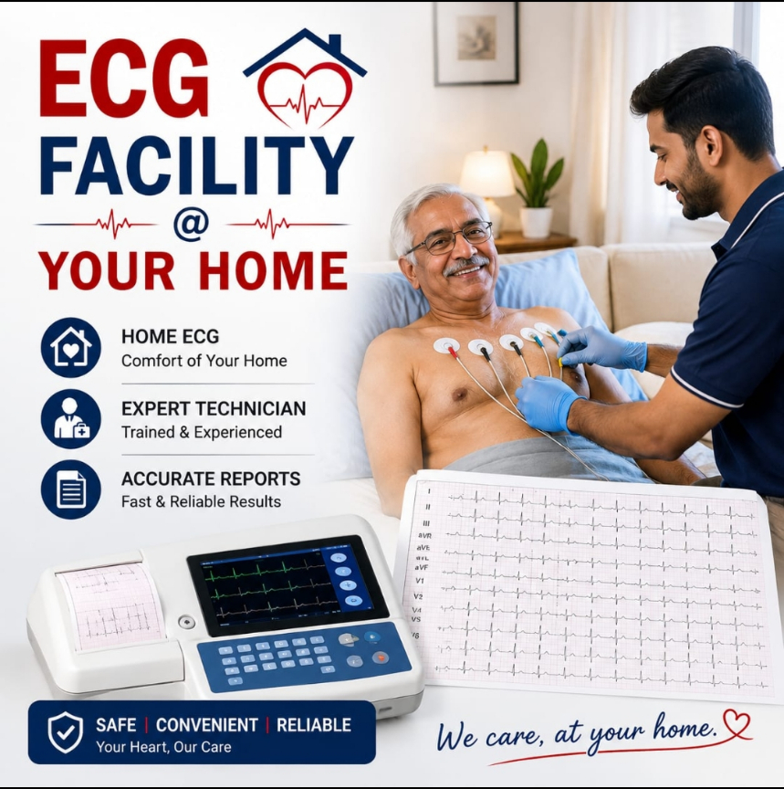 ECG facility at your home — Om Lab technician recording an ECG at a patient's home