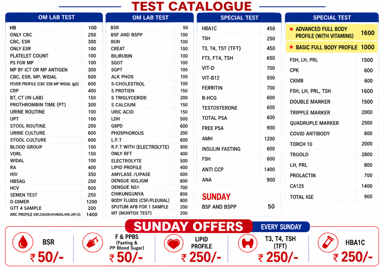 Om Lab test catalogue and rate card with routine, special test and Sunday offer rates