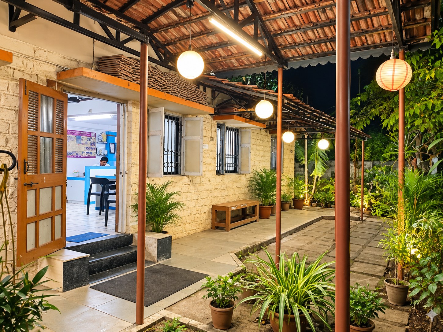 The nature-friendly waiting area at Om Lab, Ambernath — plants, open veranda and a calm garden setting